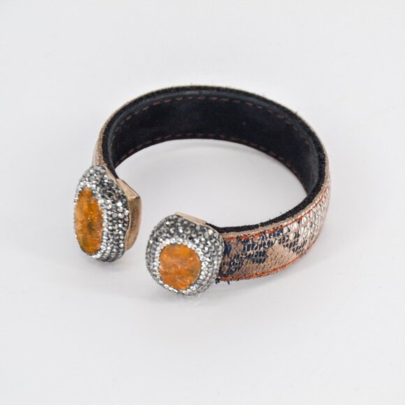 Snakeskin Leather Bangle Gemstone Pave Crystals Statement Cuff Bracelet